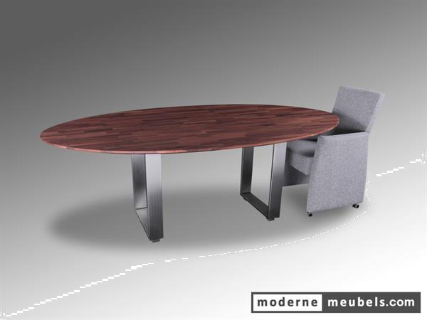 Moderne Ovale Design Eet Tafel met RvS Noten Eiken Kopen | EetTafels