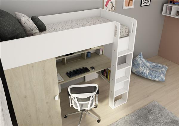 Grote foto flow hoogslaper met bureau en kast 90x200 eiken wit trasman kinderen en baby complete kinderkamers