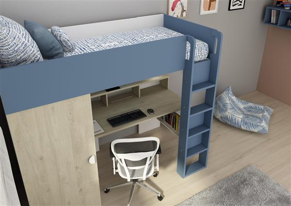 Grote foto flow hoogslaper met bureau en kast 90x200 eiken blauw trasman kinderen en baby complete kinderkamers