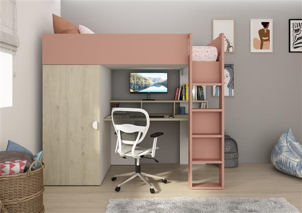 Grote foto flow hoogslaper met bureau en kast 90x200 eiken roze trasman kinderen en baby complete kinderkamers