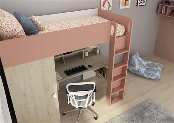 Grote foto flow hoogslaper met bureau en kast 90x200 eiken roze trasman kinderen en baby complete kinderkamers