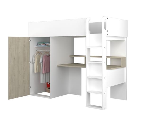 Grote foto flow hoogslaper met bureau en kast 90x200 eiken wit trasman kinderen en baby complete kinderkamers