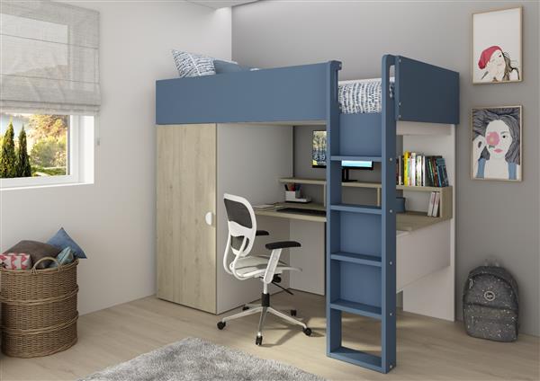 Grote foto flow hoogslaper met bureau en kast 90x200 eiken blauw trasman kinderen en baby complete kinderkamers