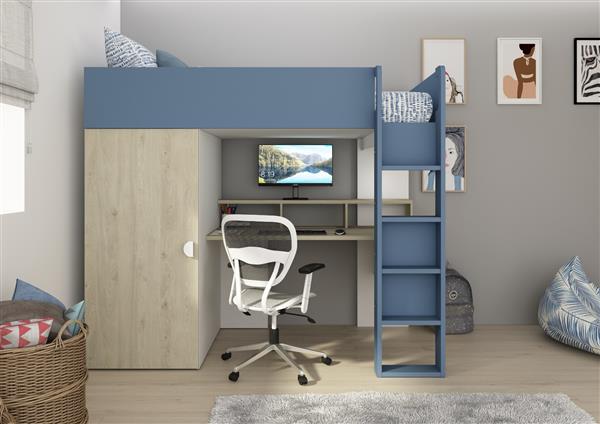 Grote foto flow hoogslaper met bureau en kast 90x200 eiken blauw trasman kinderen en baby complete kinderkamers