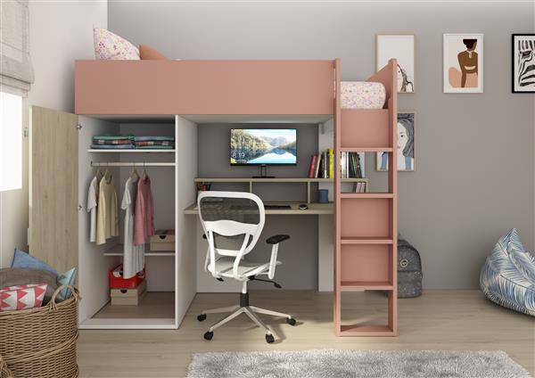 Grote foto flow hoogslaper met bureau en kast 90x200 eiken roze trasman kinderen en baby complete kinderkamers