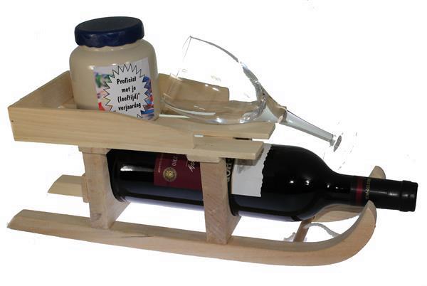 Grote foto wijngeschenk relatie in kleine houten slee zakelijke goederen cadeautjes