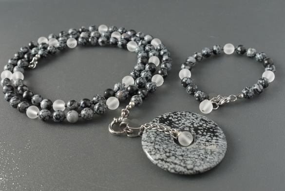 Grote foto sneeuwvlok obsidiaan ketting armband set sieraden tassen en uiterlijk kettingen