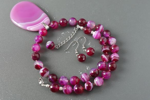 Grote foto fuchsia roze agaat ketting oorhanger set sieraden tassen en uiterlijk kettingen